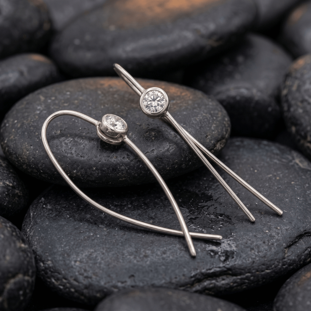 Rhodium Plated Thin Wire with Bezel CZ Earrings
