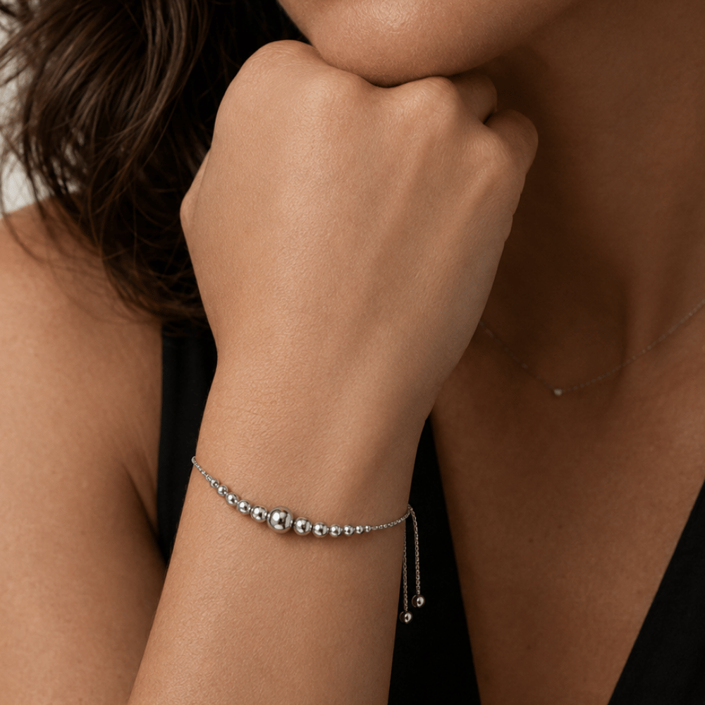 Rhodium Plated Graduated Bead Bolo Bracelet