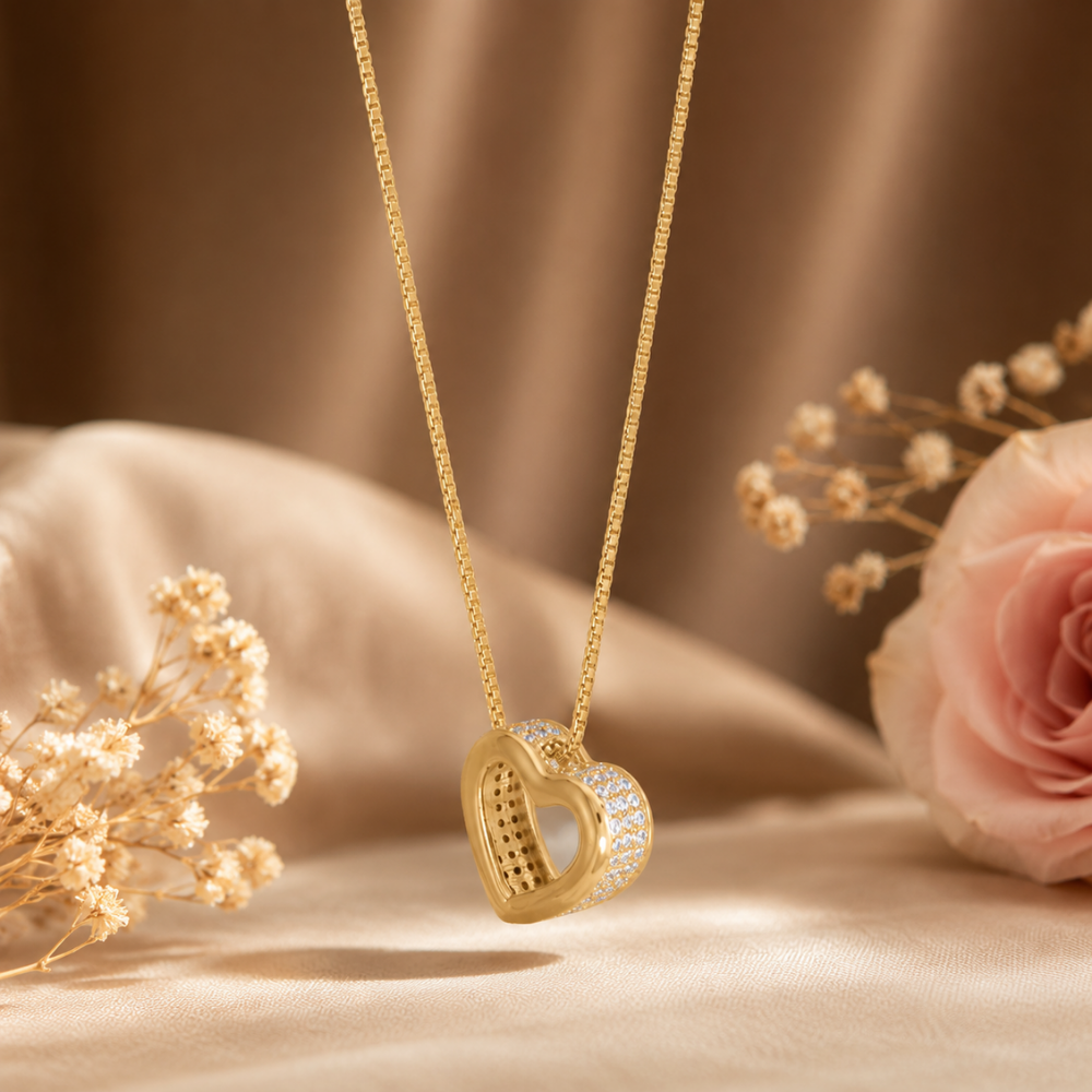 16" + 2" 14 Karat Gold Plated CZ Lined Floating Heart Necklace