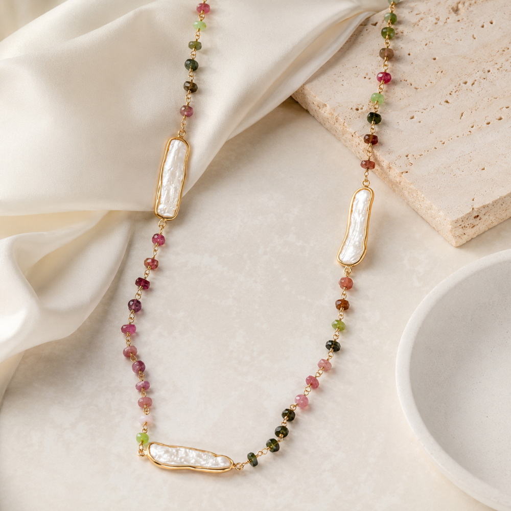 24" 14 Karat Gold Plated Tourmaline and Cultured Freshwater Pearl Necklace