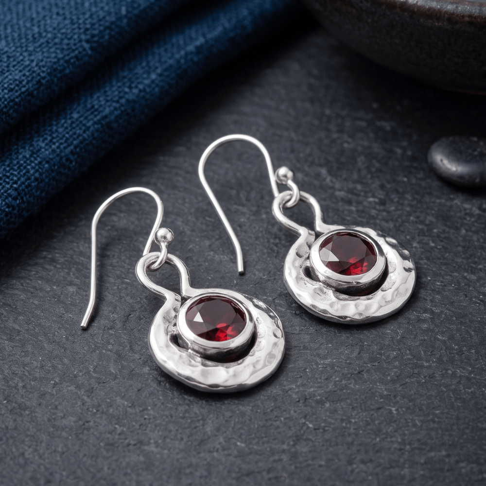 Oxidized Round Hammered Earrings With Garnet