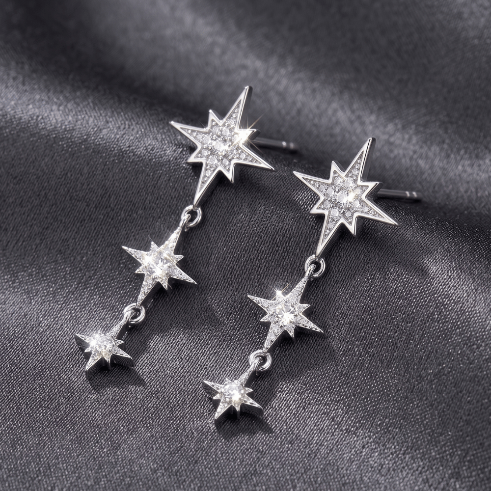 Rhodium Plated CZ Star Drop Earrings