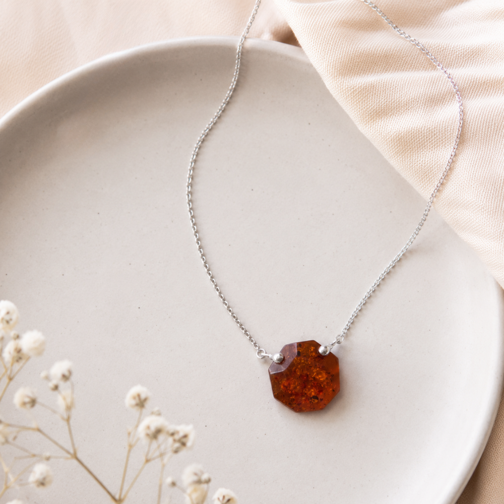 18" + 2" Rhodium Plated Octagon Baltic Amber Necklace