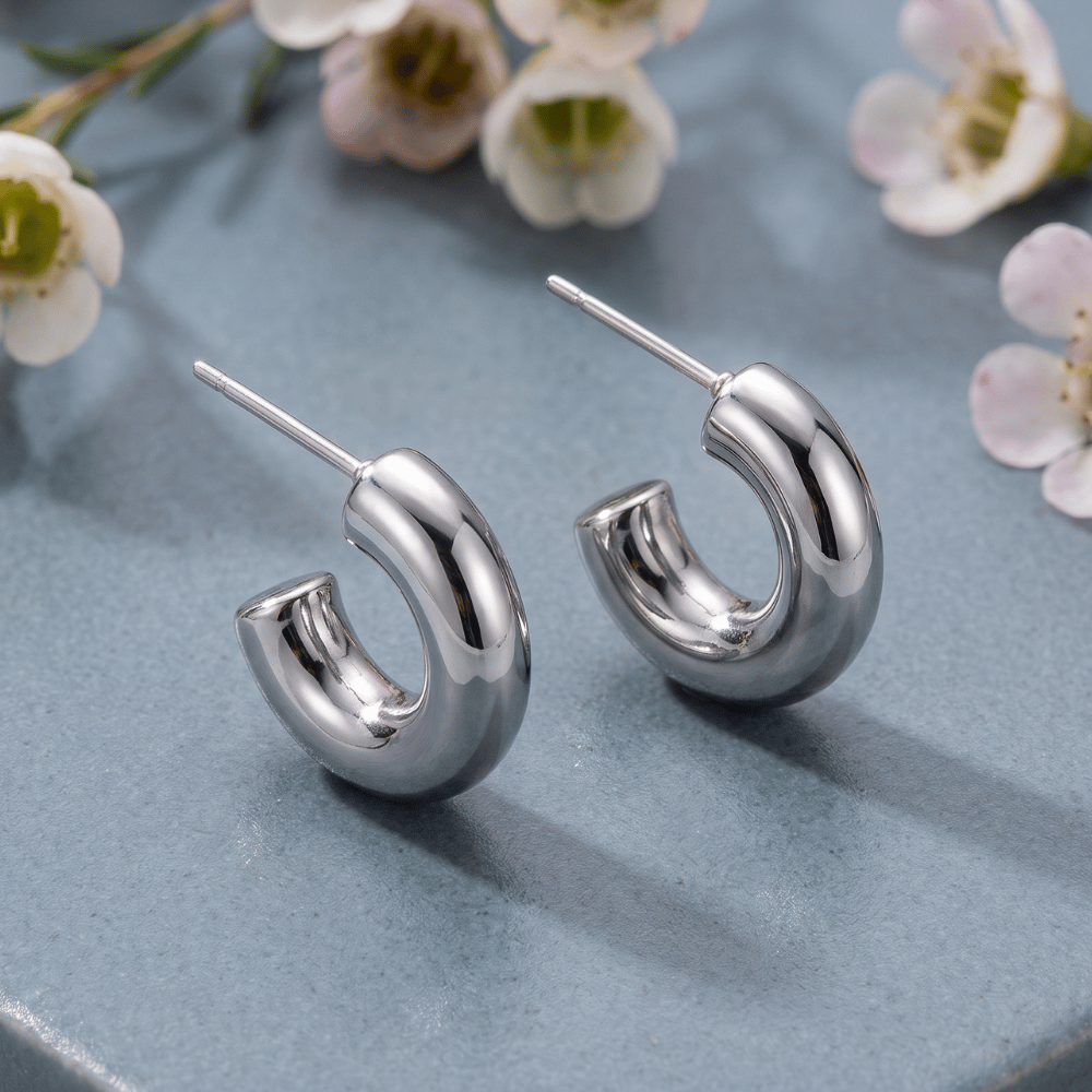 Chunky Huggie Hoop Earrings - Silver - view 3