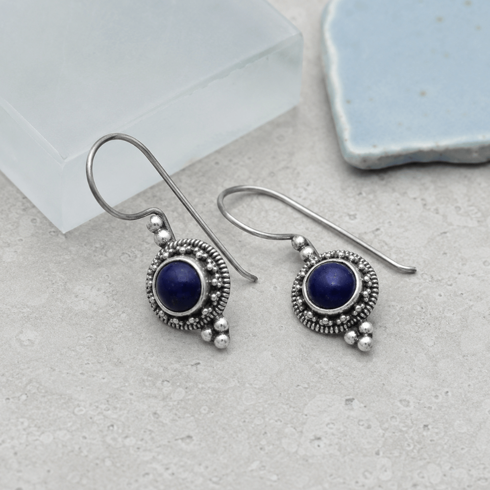 Oxidized Lapis Bead and Rope Edge Bali Earrings