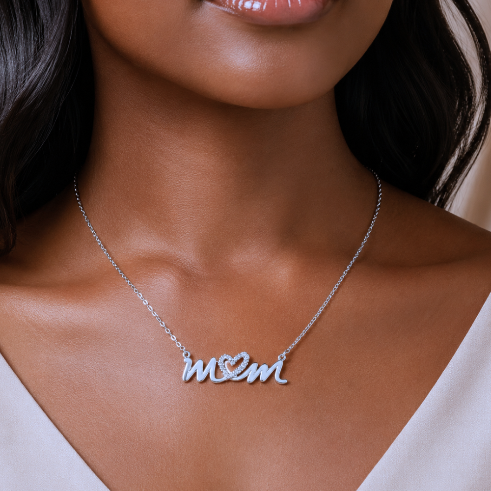16" + 2" CZ Heart "mom" Necklace