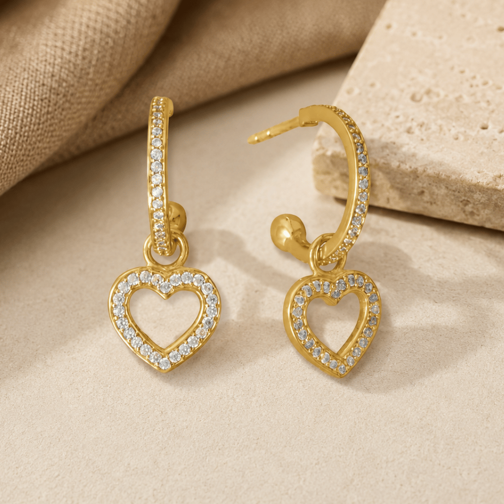 CZ Heart Charm Hoop Earrings