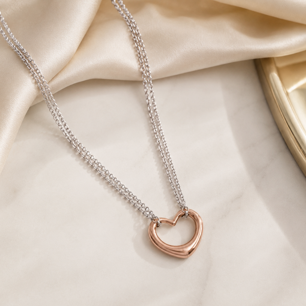 Two Tone Double Strand Open Heart Necklace