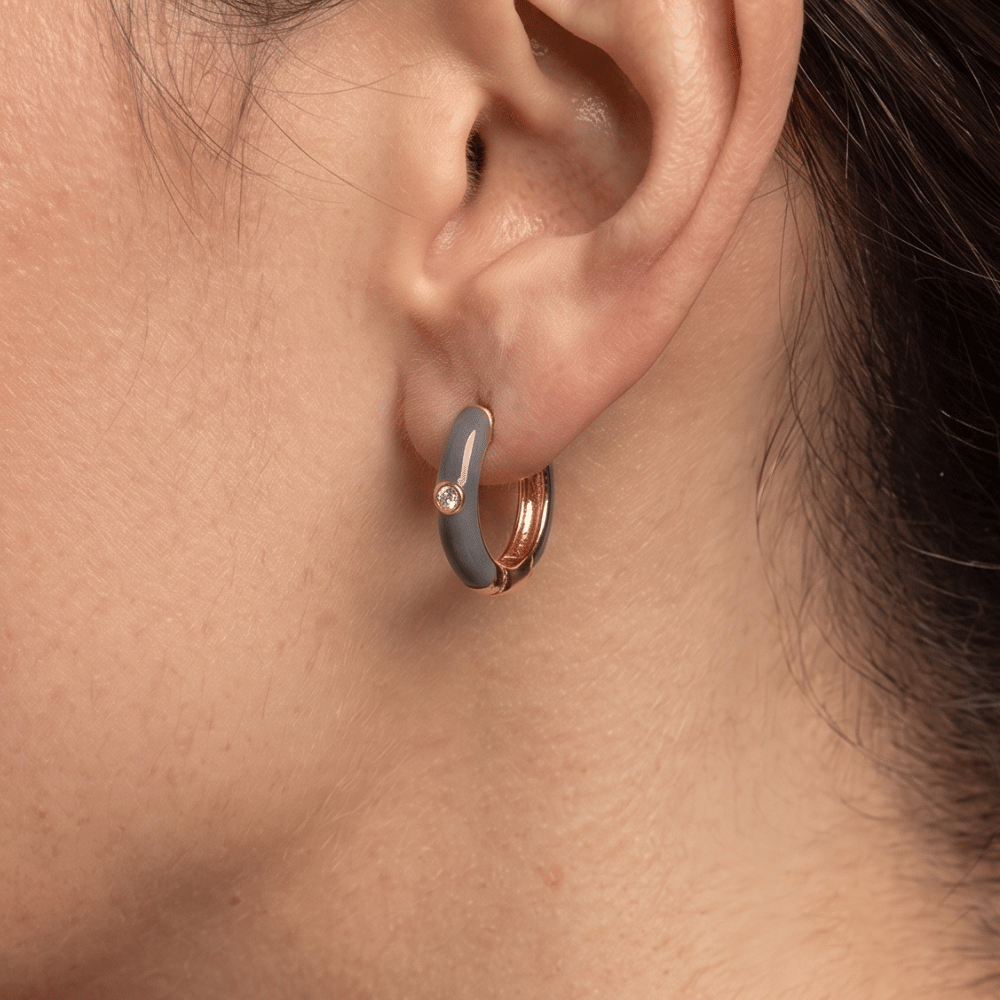 14 Karat Gold Plated Grey Enamel and CZ Hoop Earrings
