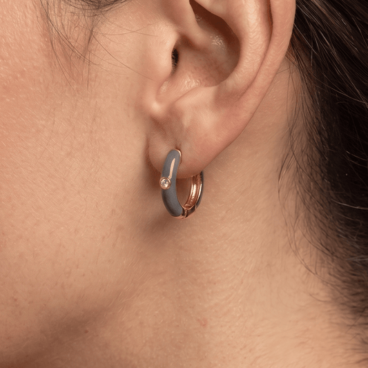 14 Karat Gold Plated Grey Enamel and CZ Hoop Earrings