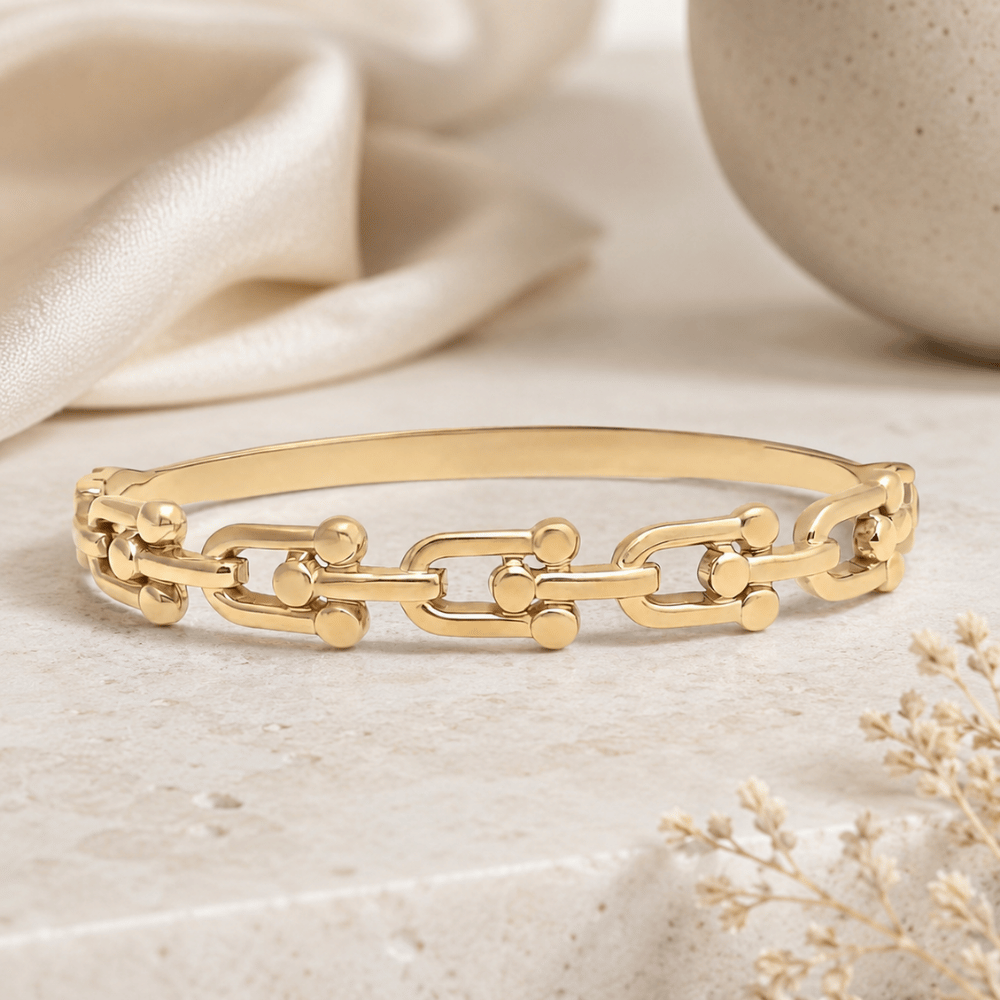Stainless Steel Horse Bit Hinged Bangle Bracelet - Gold - view 2