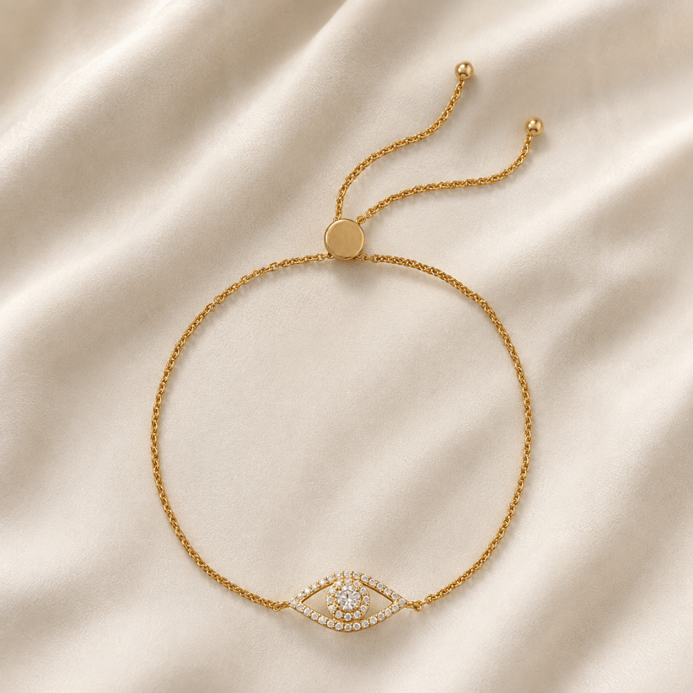 14 Karat Gold Plated CZ Evil Eye Friendship Bolo Bracelet