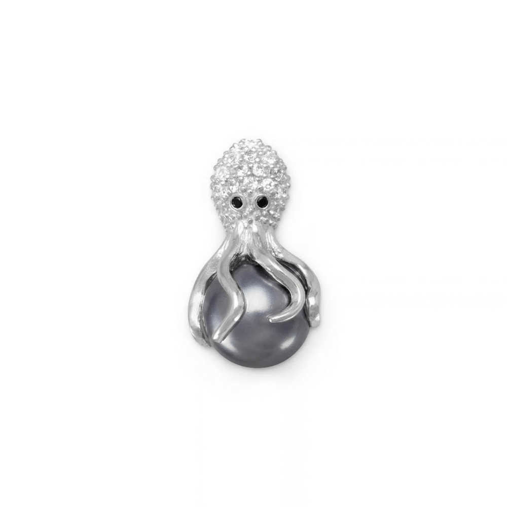 Rhodium Plated CZ and Simulated Pearl Octopus Slide