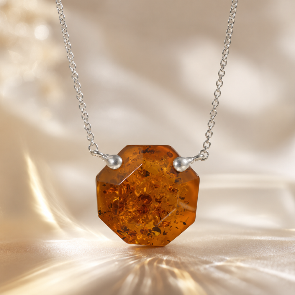 18" + 2" Rhodium Plated Octagon Baltic Amber Necklace
