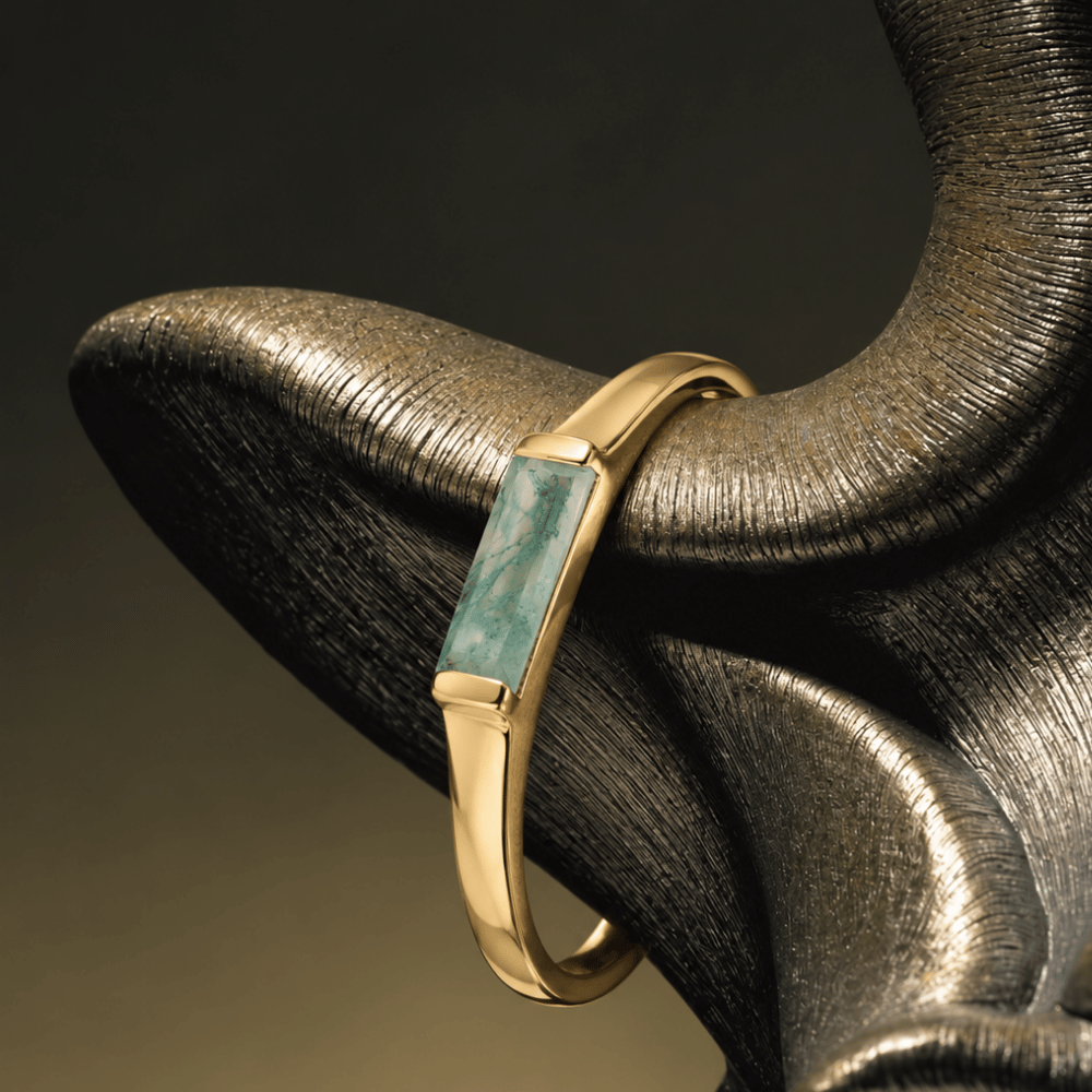 14 Karat Gold Plated Moss Agate Bar Ring