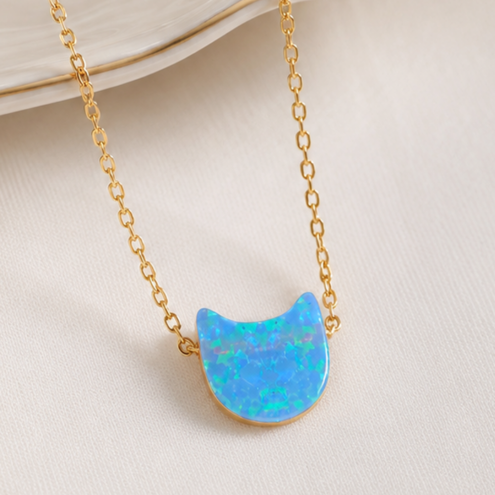 16" + 2" 14 Karat Gold Plated Synthetic Opal Kitty Cat Necklace