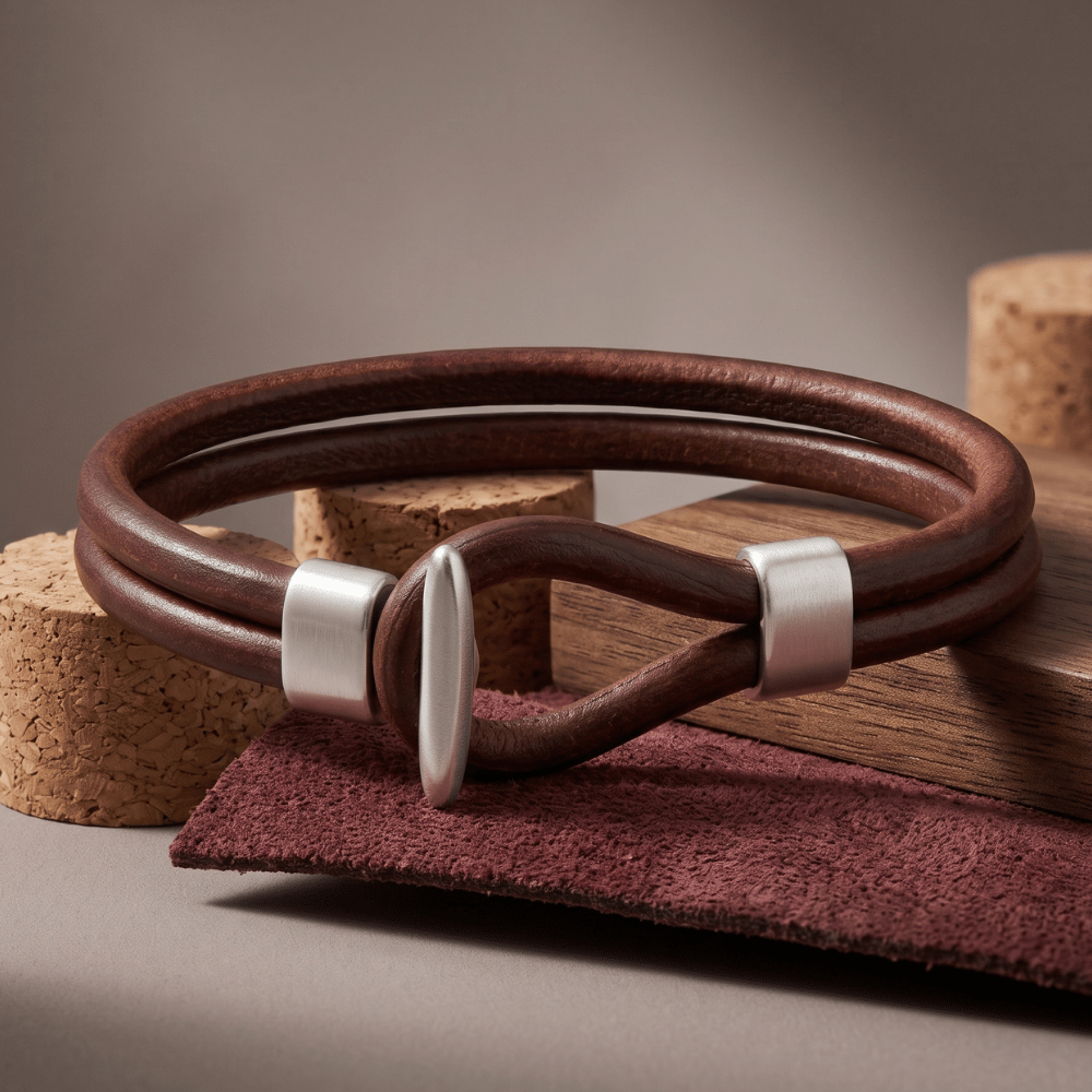 9" Men's Leather and Silver Tone Bracelet