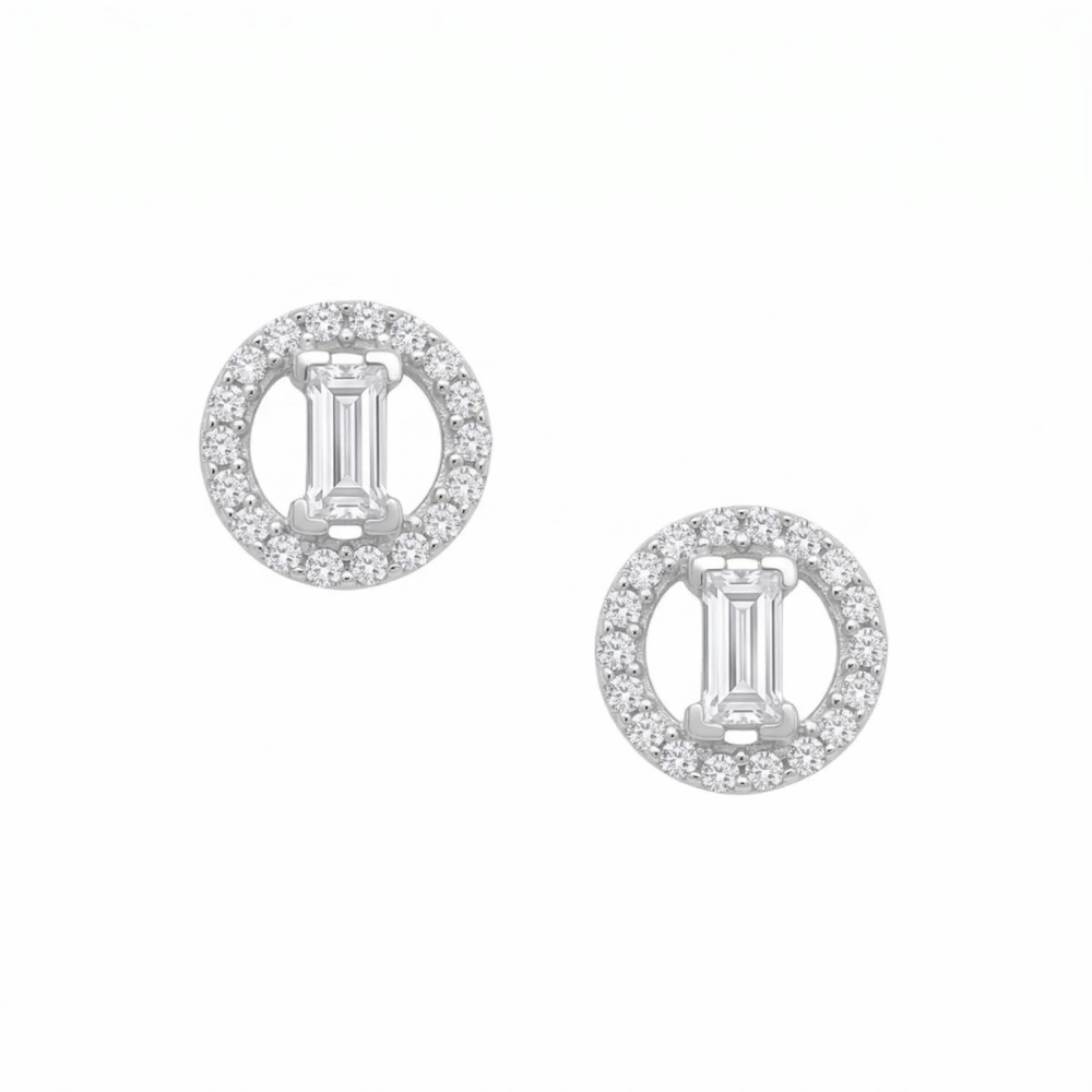 Baguette and Halo CZ Stud Earrings - Rhodium Plated - view 5