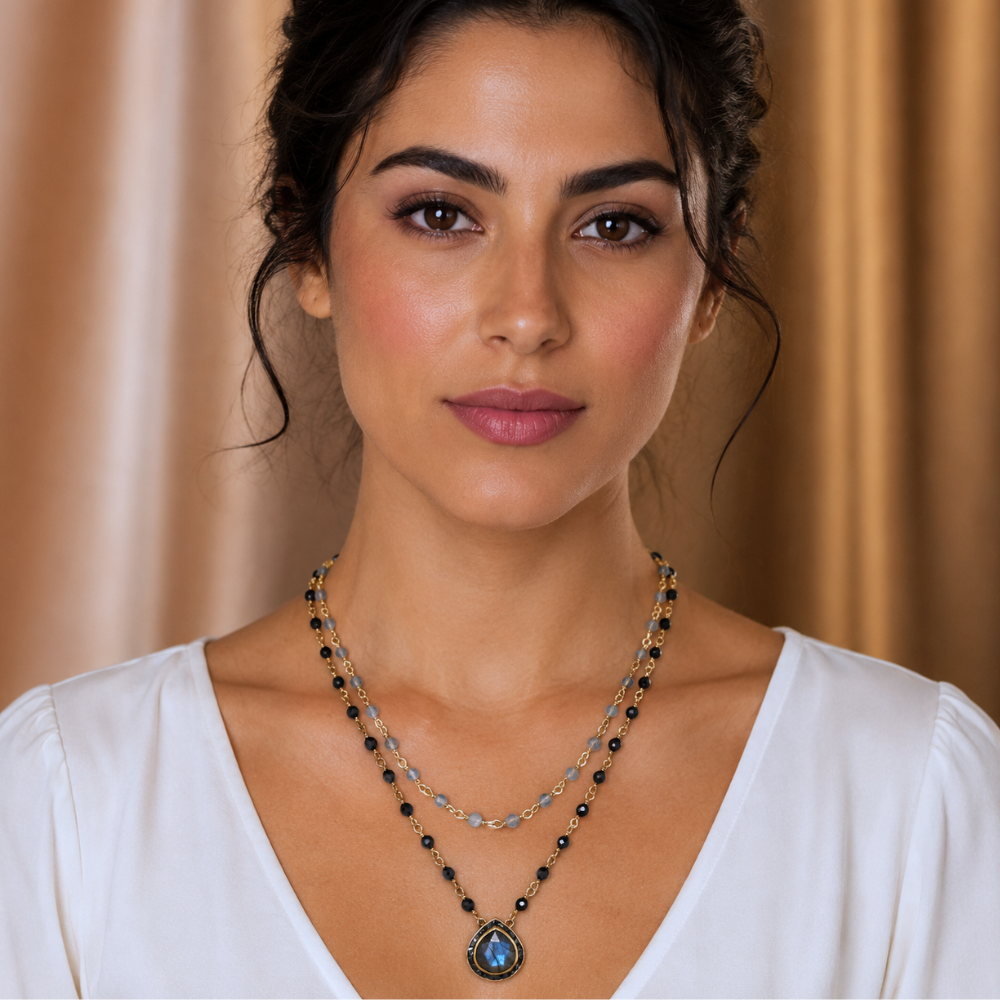 19"/20" + 2" 14 Karat Gold Plated Labradorite and Black Onyx Necklace