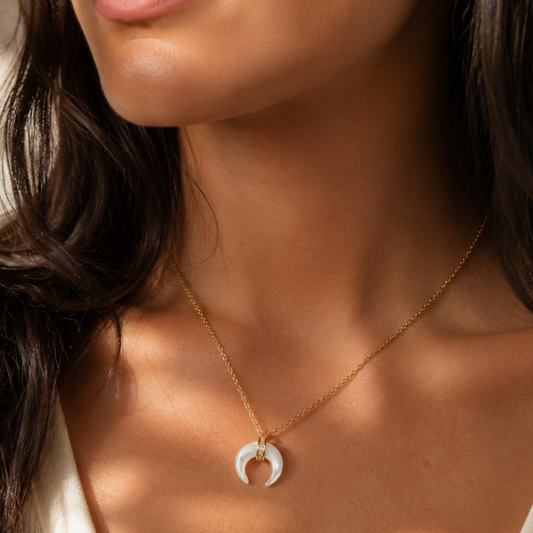 Mother of Pearl and CZ Crescent Gold Plated Necklace
