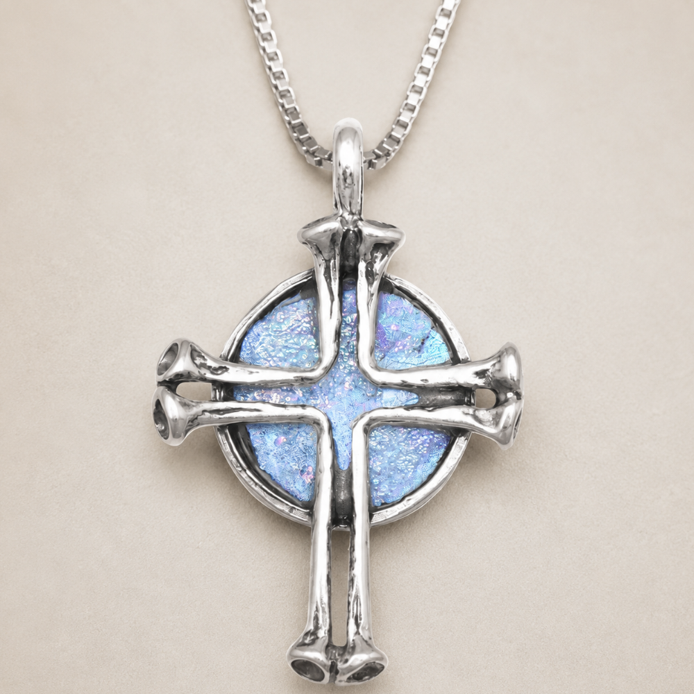 18" Round Ancient Roman Glass with Cross Necklace