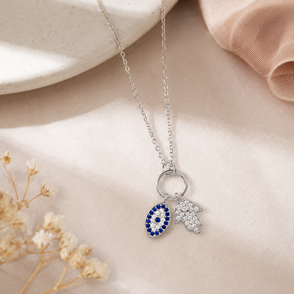 Hamsa and Evil Eye CZ Necklace