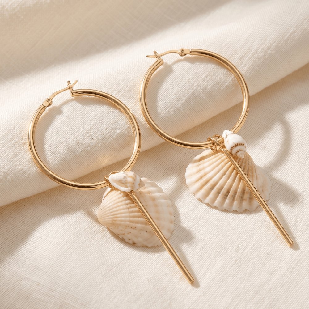 Gold Tone Seashell Drop Fashion Hoop Earrings
