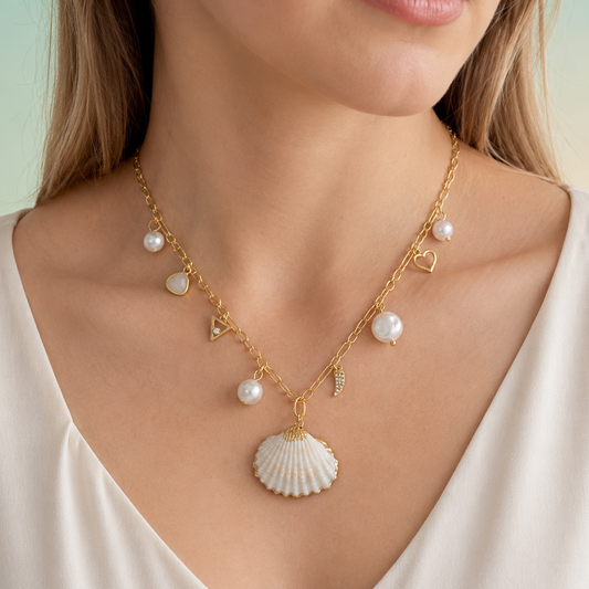 16" + 3" Gold Tone Shell and Pearl Charm Fashion Necklace