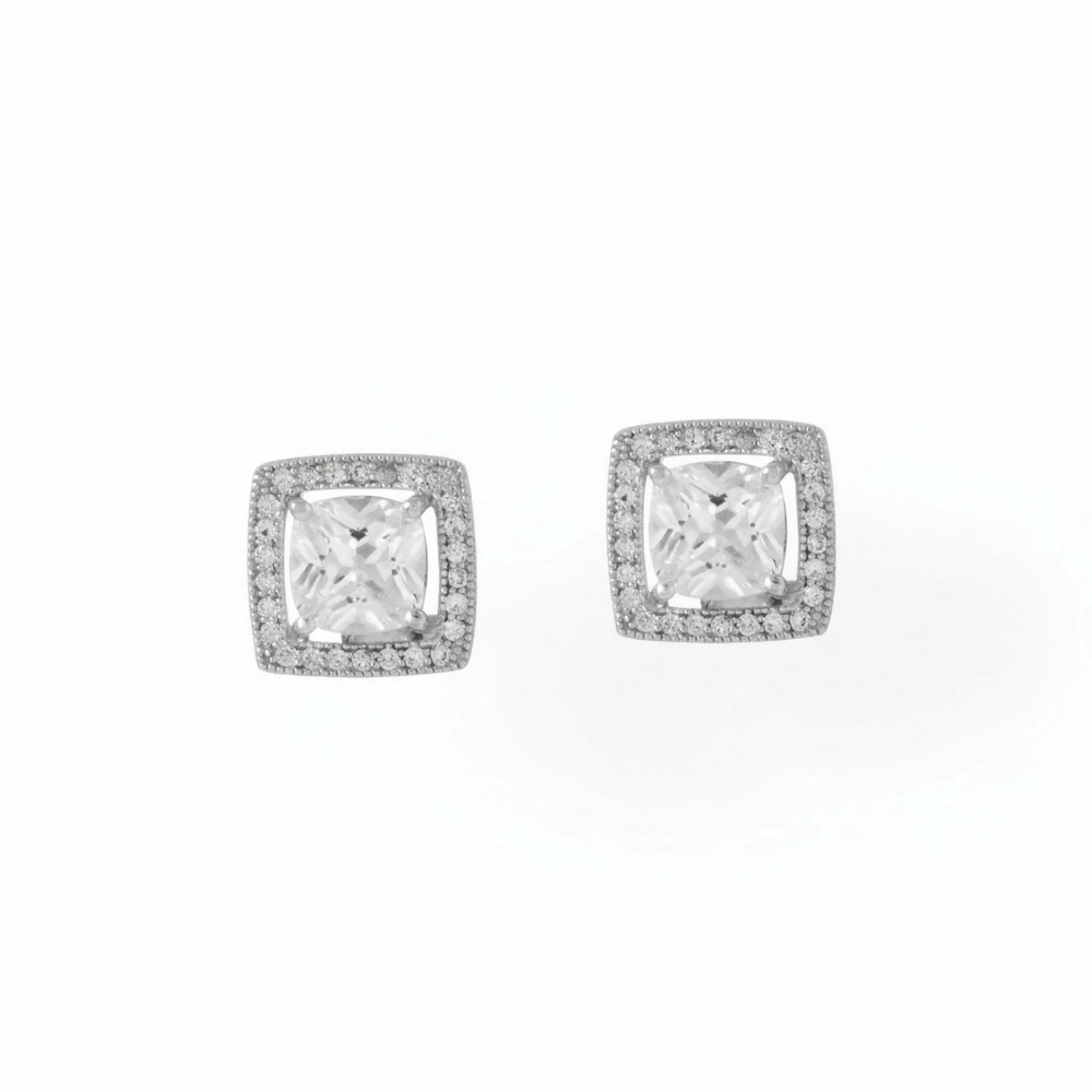 Rhodium Plated Square CZ with Halo Stud Earrings