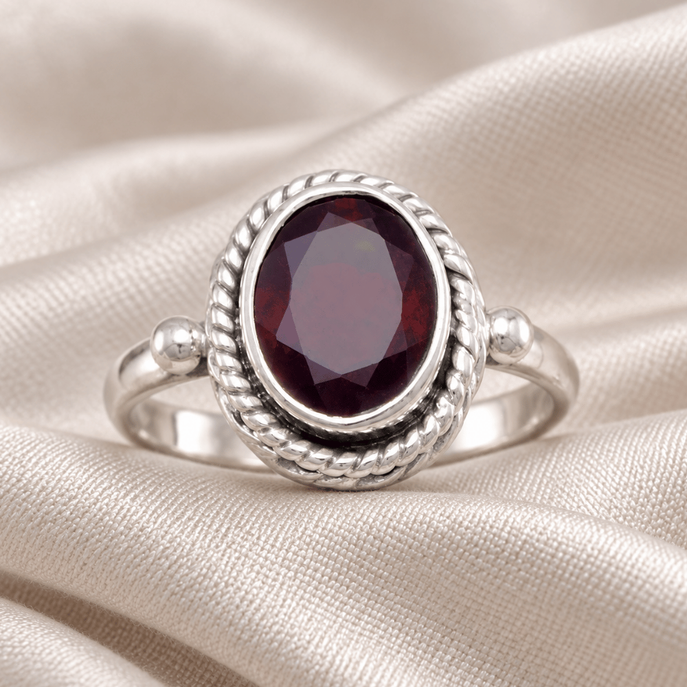 Faceted Garnet Ring with Rope Edge