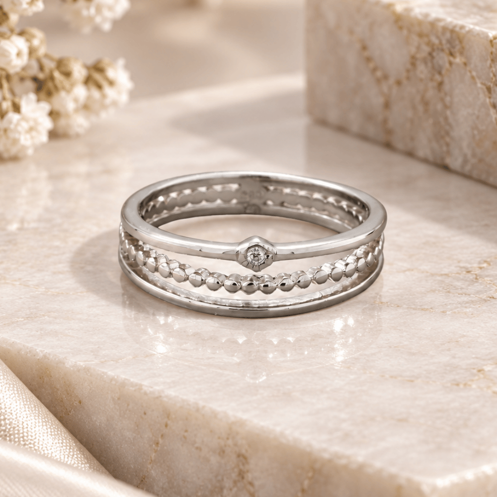 Rhodium Plated CZ Three Band Ring