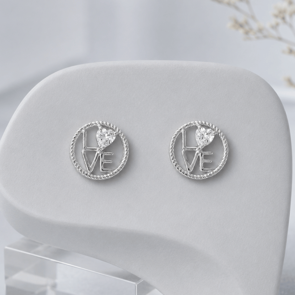 Round "LOVE" CZ Heart Stud Earrings