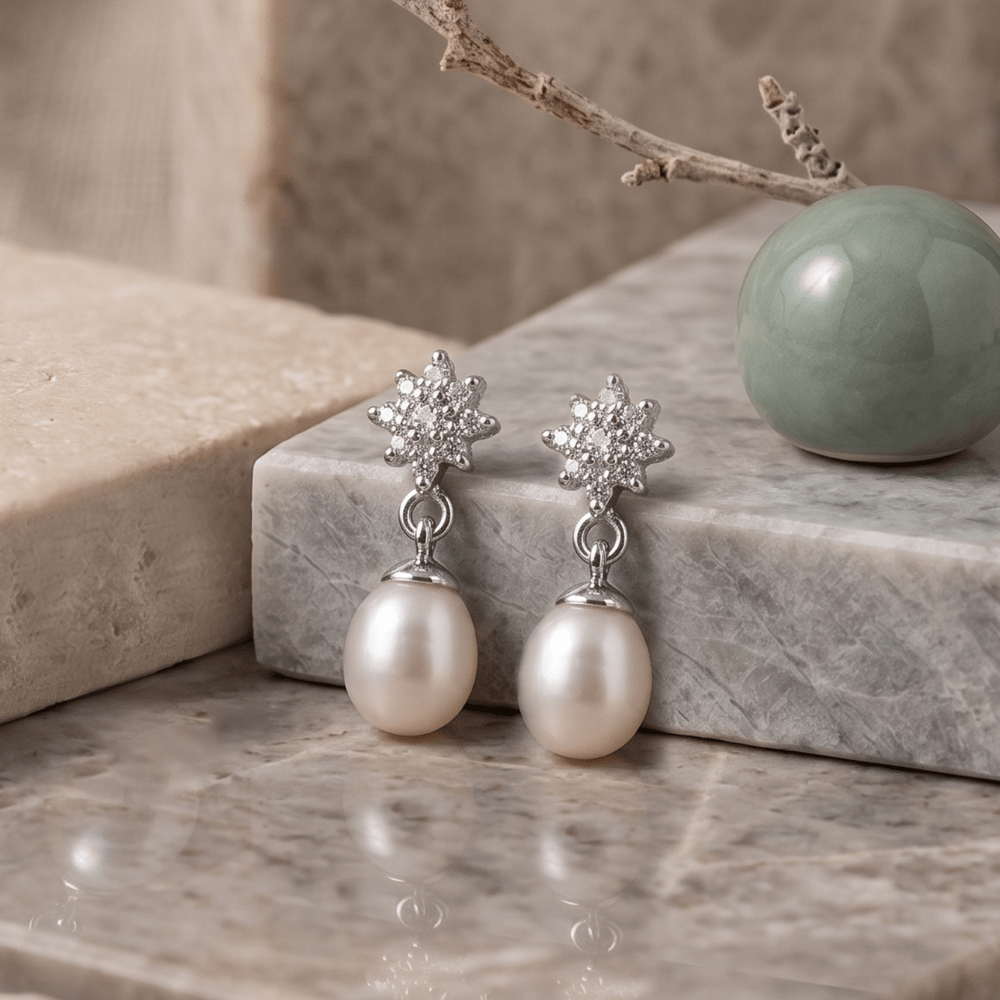 CZ Flower Post with Cultured Freshwater Pearl Drop Earrings
