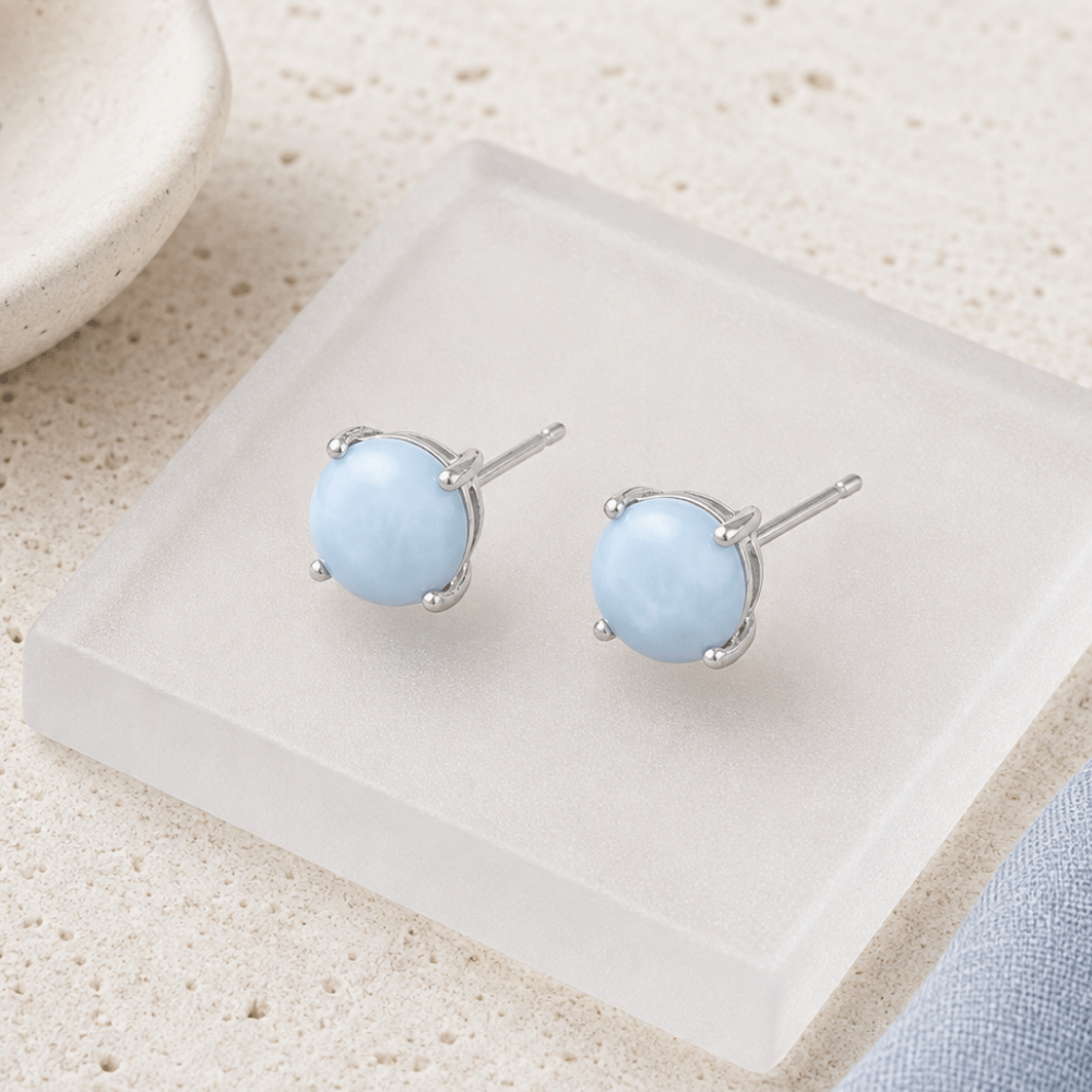 Rhodium Plated Larimar Stud Earrings