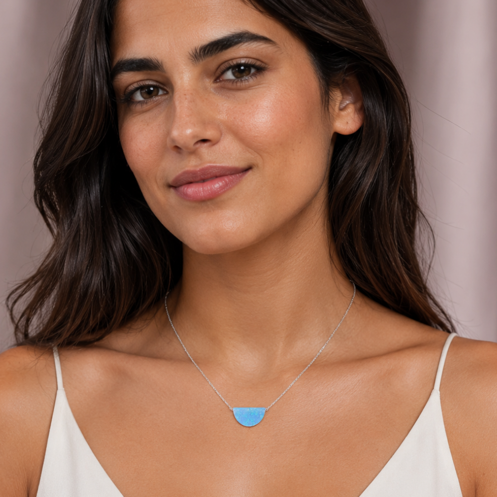 16" + 2" Rhodium Plated Synthetic Opal Semicircle Necklace