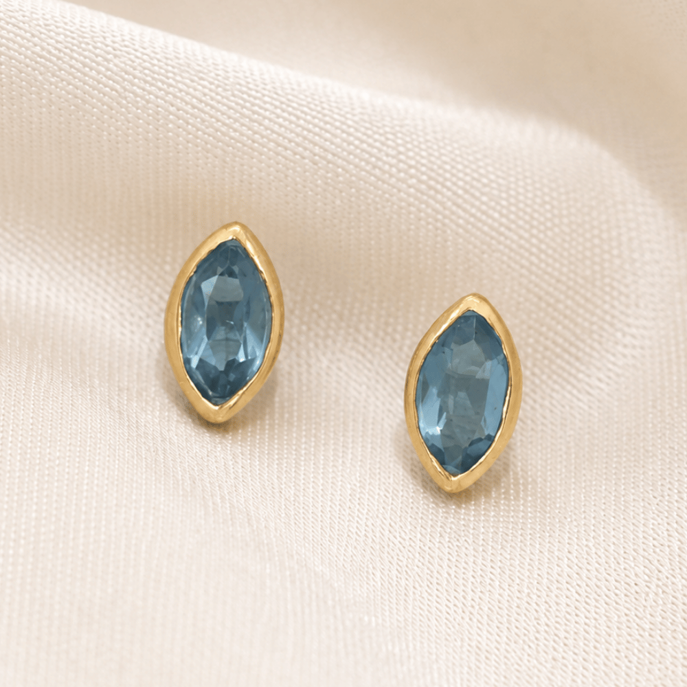 14 Karat Gold Plated Marquise Blue Glass Stud Earrings