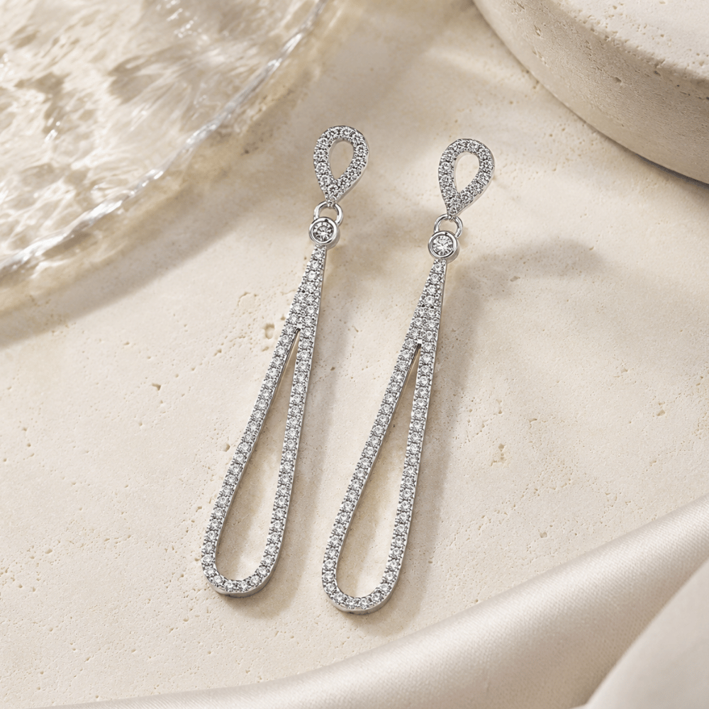 Rhodium Plated Cubic Zirconia Pear Drop Earrings