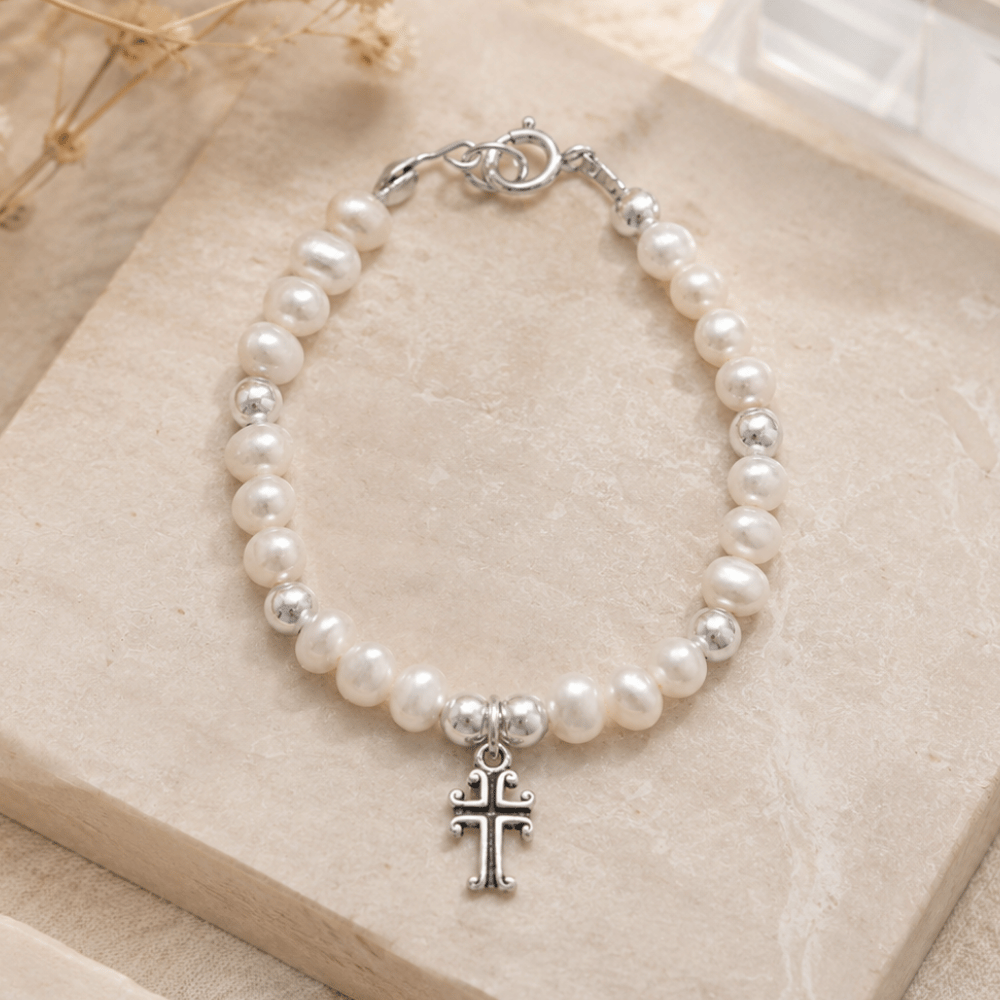 5" Cultured Freshwater Pearl and Oxidized Cross Bracelet
