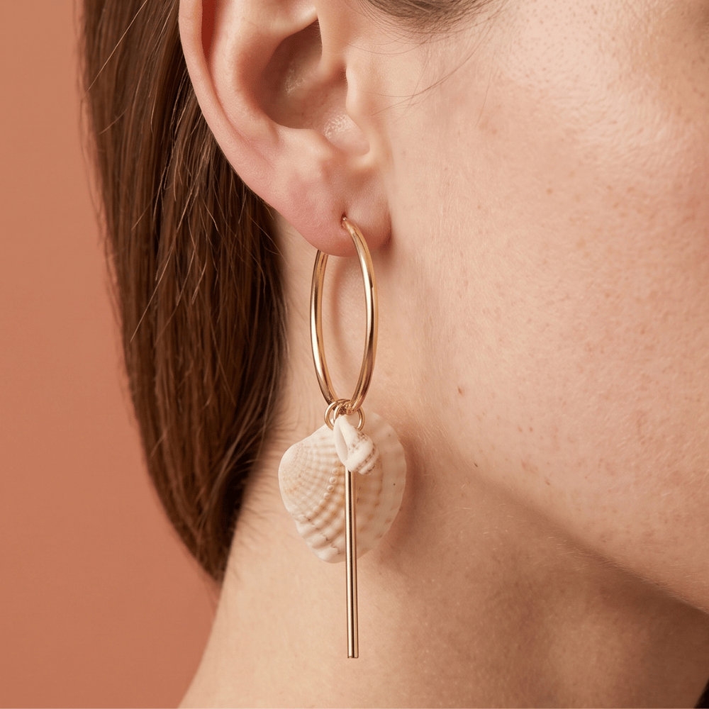 Gold Tone Seashell Drop Fashion Hoop Earrings
