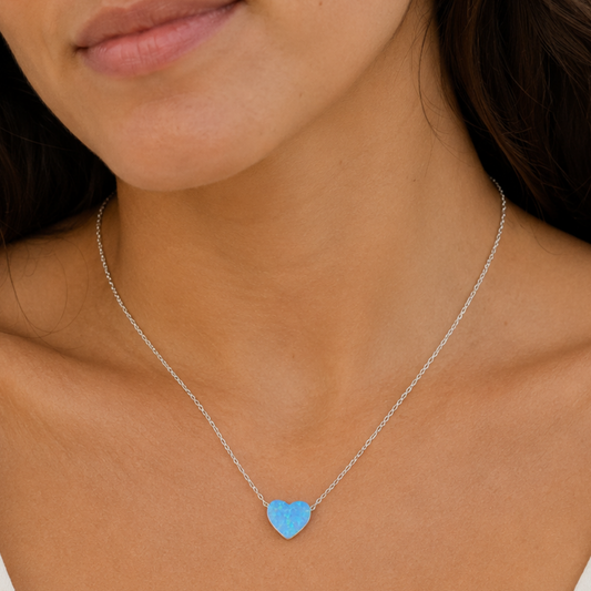 16" + 2" Rhodium Plated Synthetic Opal Heart Necklace