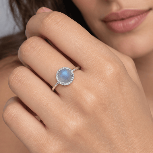 Rhodium Plated Labradorite and CZ Halo Ring