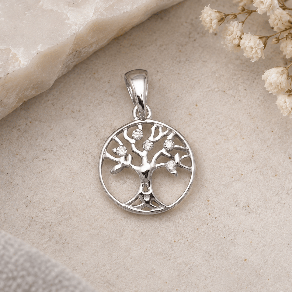 Rhodium Plated CZ Tree of Life Pendant
