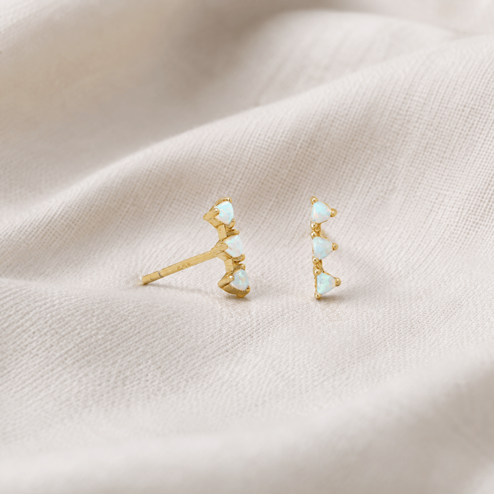 14 Karat Gold Plated Mini Triangle Synthetic White Opal Studs