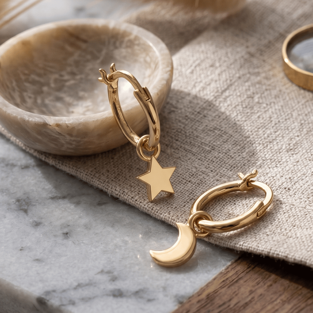Moon and Star Charm Hoop Earrings