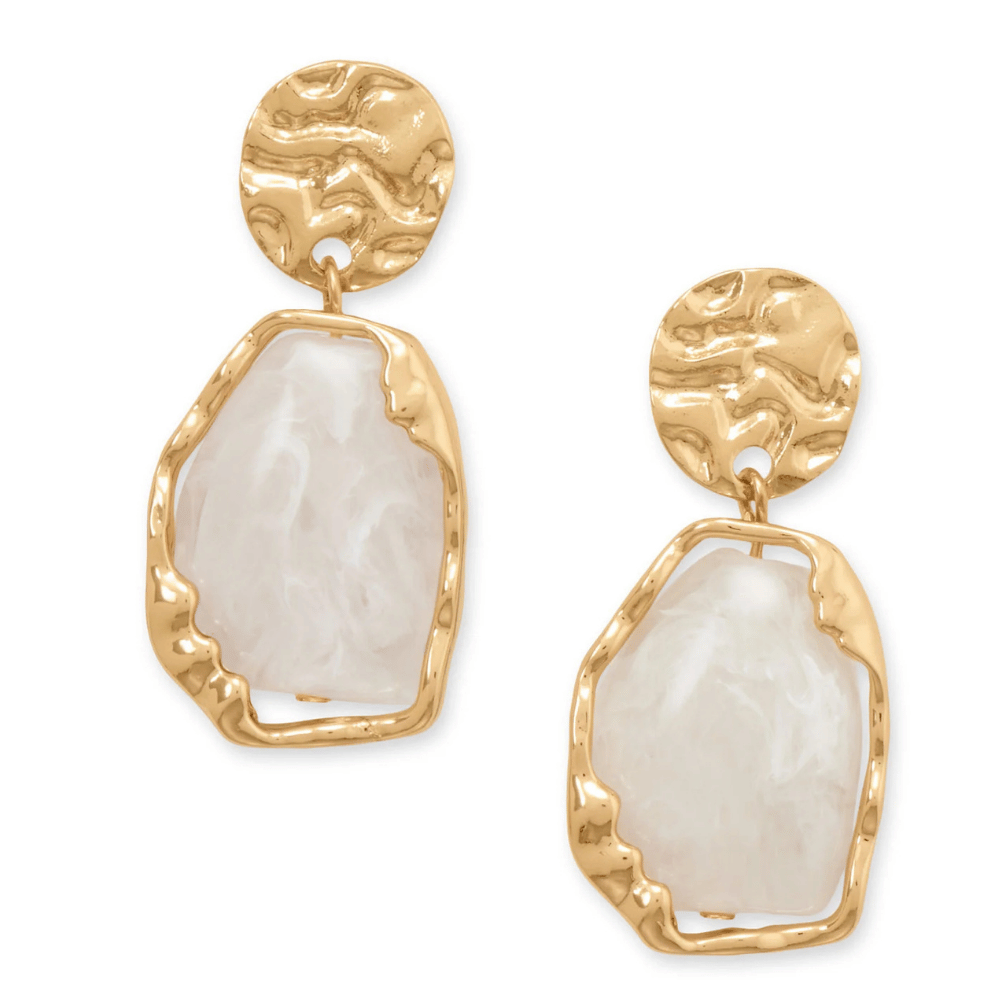Gold Tone Textured Disc and White Marble Acrylic Drop Fashion Earrings