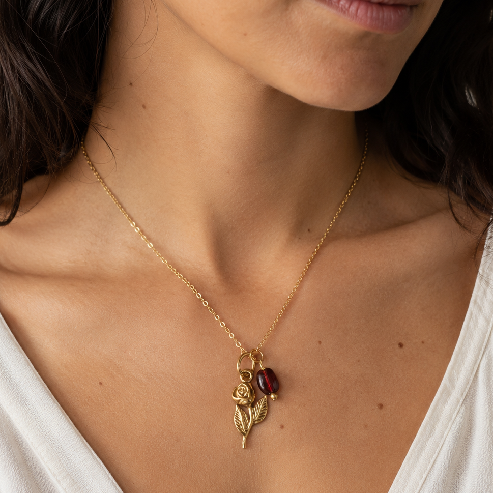 18" 14 Karat Gold Plated Rose and Garnet Gem Drop Necklace