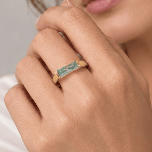 14 Karat Gold Plated Moss Agate Bar Ring