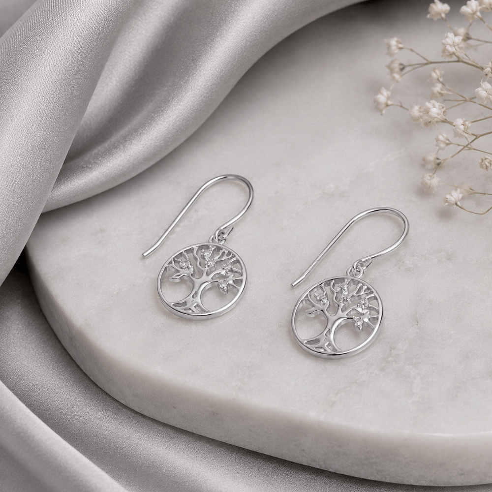 Rhodium Plated CZ Tree of Life Earrings