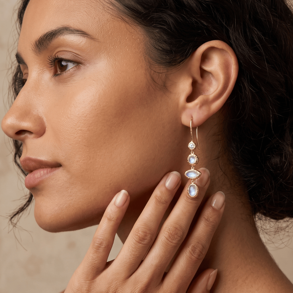 14 Karat Gold Plated Hammered CZ and Rainbow Moonstone Earrings
