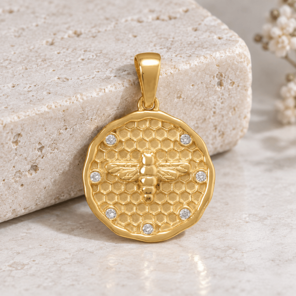14 Karat Gold Plated Honeycomb, Bee and CZ Pendant